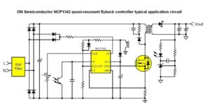 quasi-resonant flyback controller ref. design. The ONGEAR charger circuit is close to this though we didn't find an optocoupler. Click image to enlarge.
